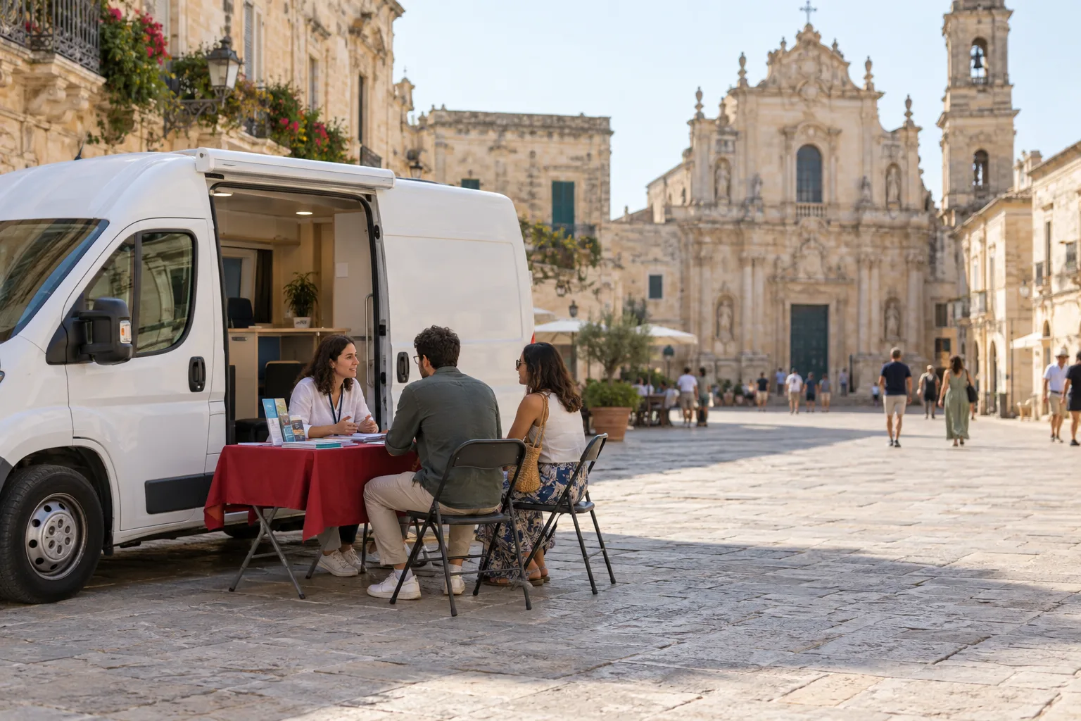Il Camper del Lavoro in una piazza salentina, con un'orientatrice che accoglie due persone a un tavolo